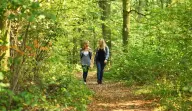 Zwei junge Frauen laufen auf einem Wanderweg durch den Wald.