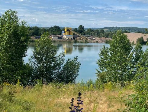 Blick auf Kiessee Blick über eine Wiese durch Bäume auf den Kiessee, im Hintergrund befindet sich das Kieswerk